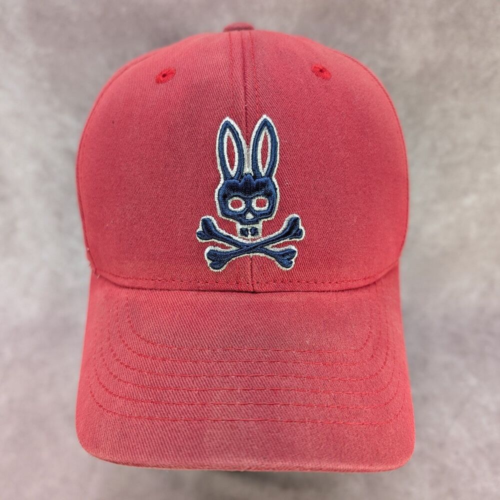 Psycho Bunny Hat Cap Red Bunny Skull Crossbones Embroidered Adjustable Strap